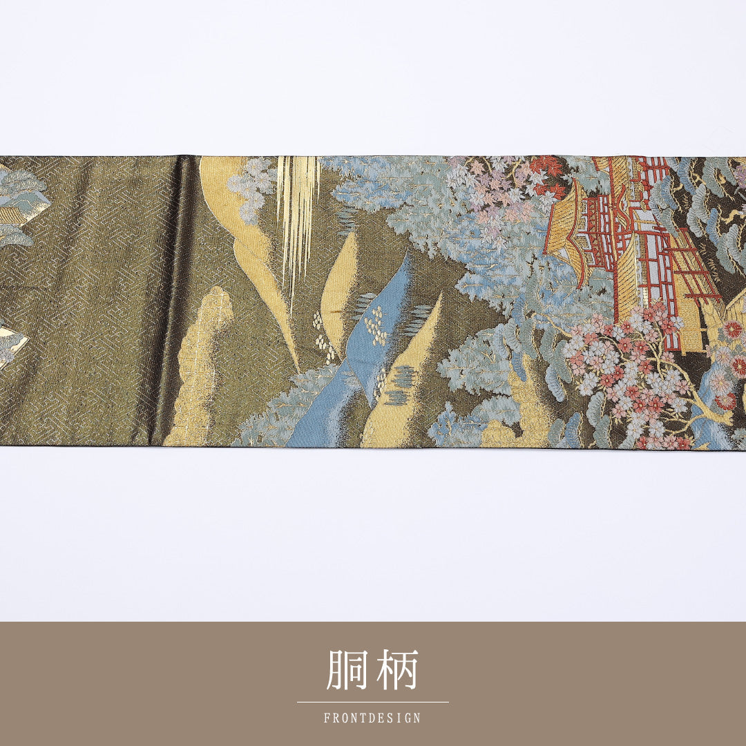 袋帯 帯丈436cm 六通 春日大社東西御廊 寺社仏閣 笠松 桜 紅葉 フォーマル 緑系 正絹 Sランク 1223-00957