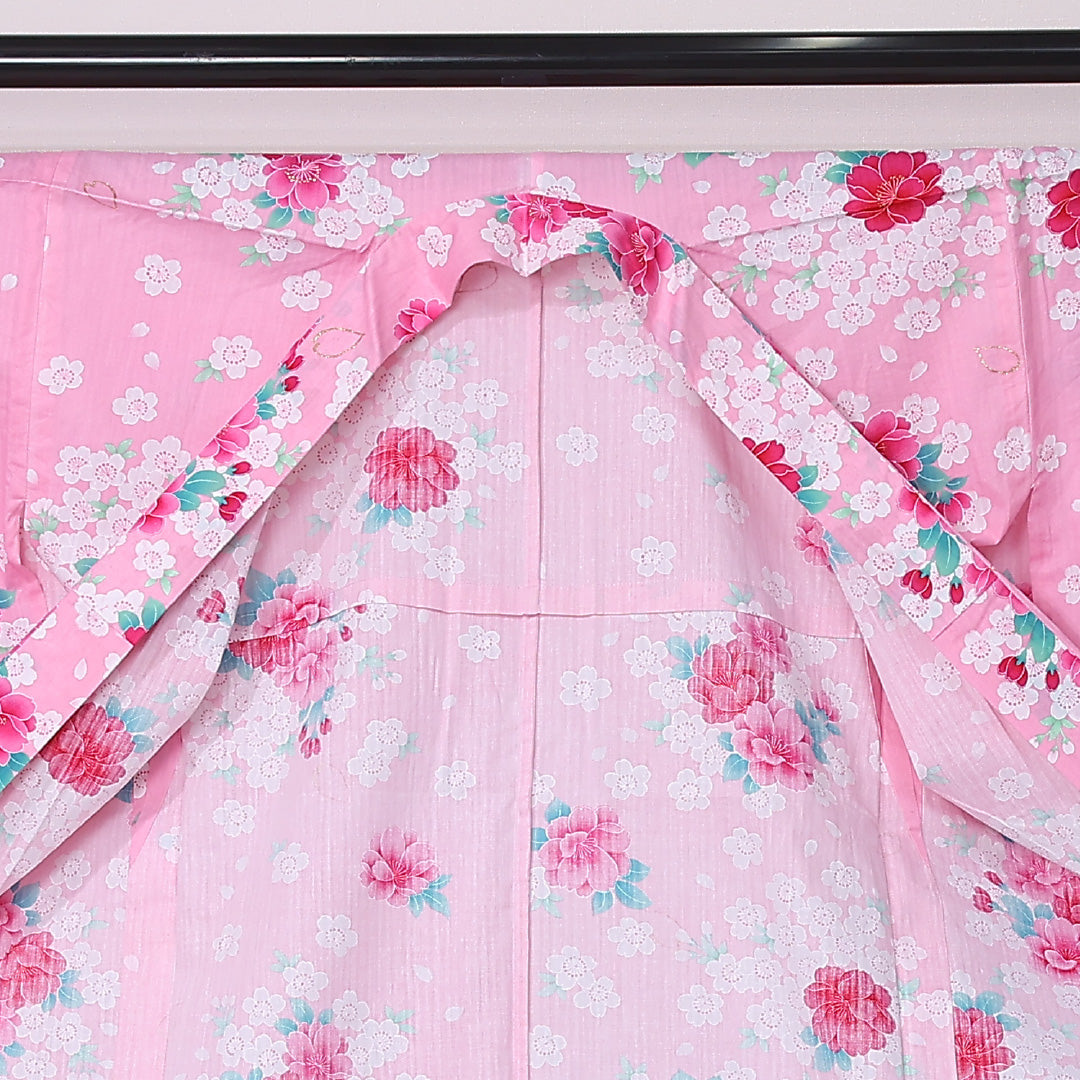 夏物 浴衣 身丈165cm 裄丈66.5cm Aランク XL 木綿 洗える着物 夏物 バチ衿 牡丹 桜 梅 カジュアル ピンク系 1218-12454