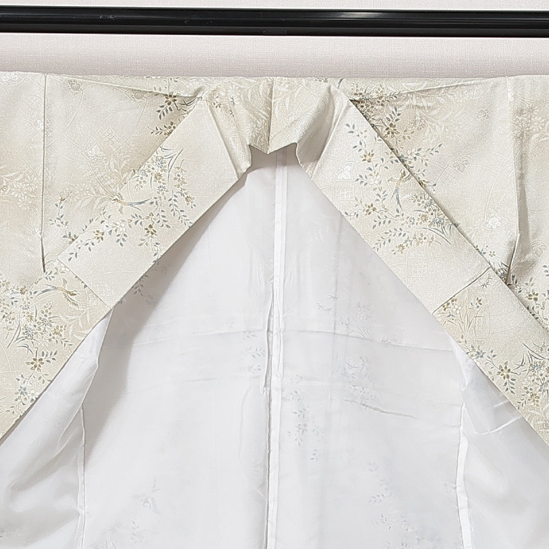 新古品 小紋 洗える着物 袷 身丈159cm 裄丈64cm ポリエステル Nランク Mサイズ 広衿 インフォーマル 花喰鳥 しつけ糸 緑系 1215-14816