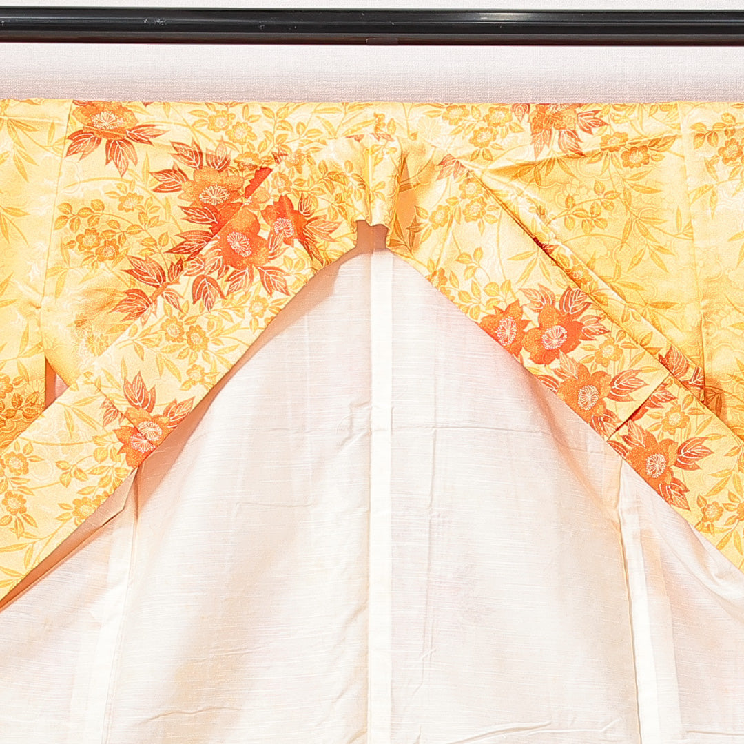 小紋 袷 身丈153cm 裄丈64cm 正絹 Sランク インフォーマル 広衿 Sサイズ 桜 黄系 RP 1221-14918