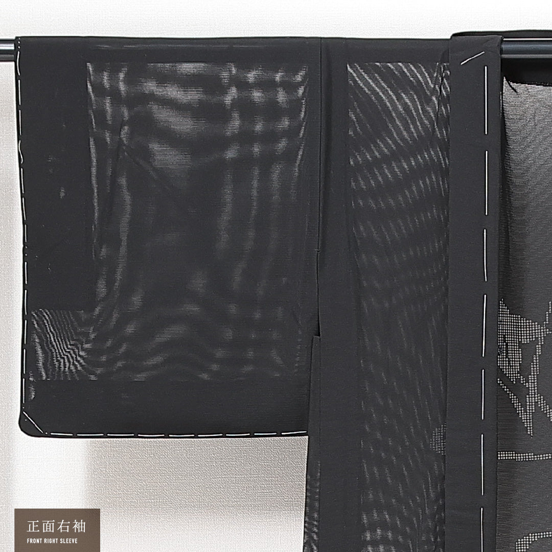 新古品 黒羽織 夏物 絽 身丈78cm 裄丈62cm 正絹 Nランク Sサイズ 一つ紋（三つ割桔梗） セミフォーマル 絵羽羽織 もじり織 菖蒲 しつけ糸 黒系 1217-14686