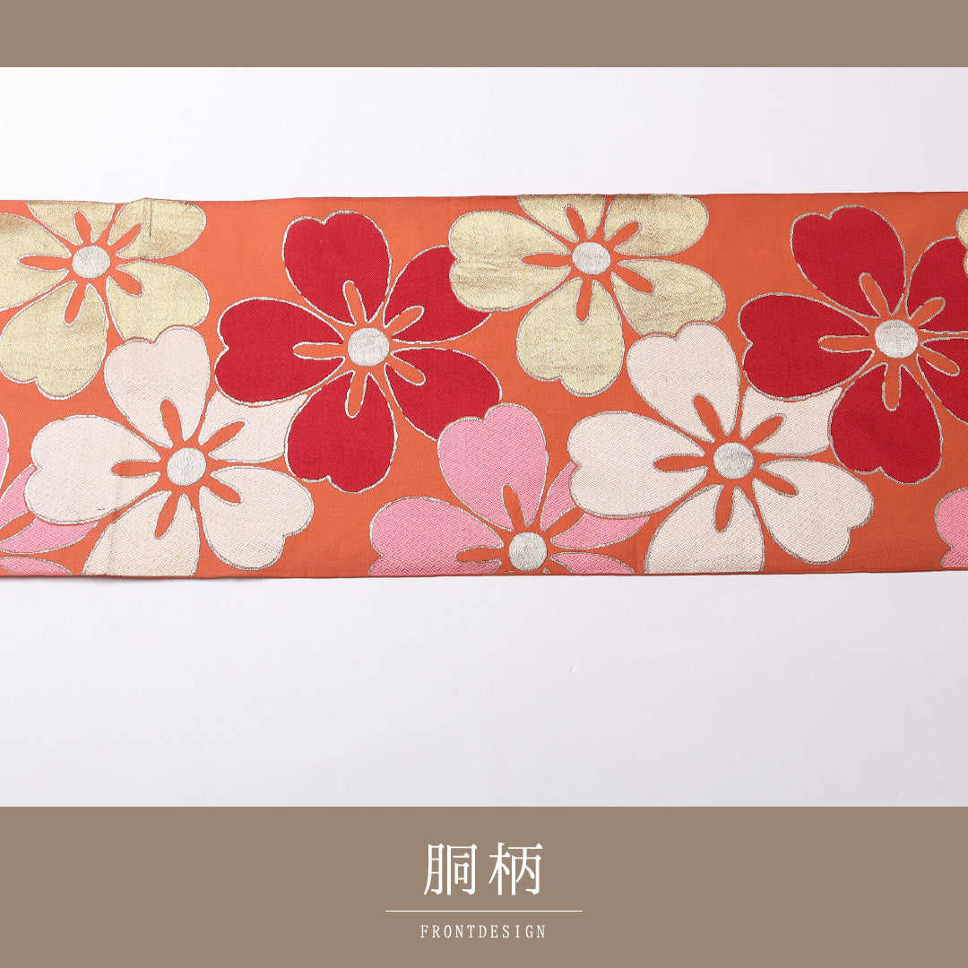 アンティーク 袋帯 帯丈400cm 六通 Aランク 正絹 桜 レトロ 可愛らしい ピンク系 1223-01516