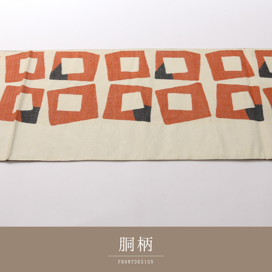袋帯（紬） 帯丈442cm 正絹 全通 カジュアル 創作柄 クリーム系 1243-01673
