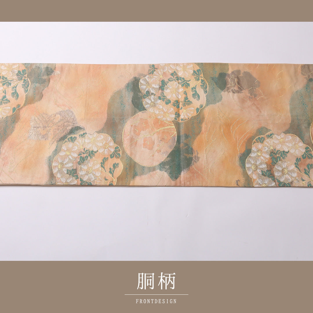 袋帯 帯丈408cm 正絹 六通 セミフォーマル 秋草文 丸文 クリーム系 朱系 1243-01557