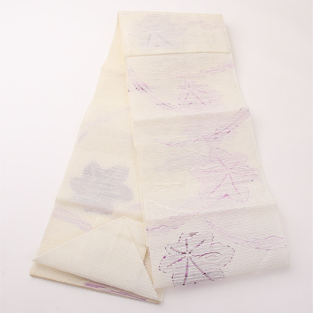 夏物 名古屋帯 六通 帯丈373cm カジュアル Cランク 正絹 絽 楓 クリーム系 1224-02296