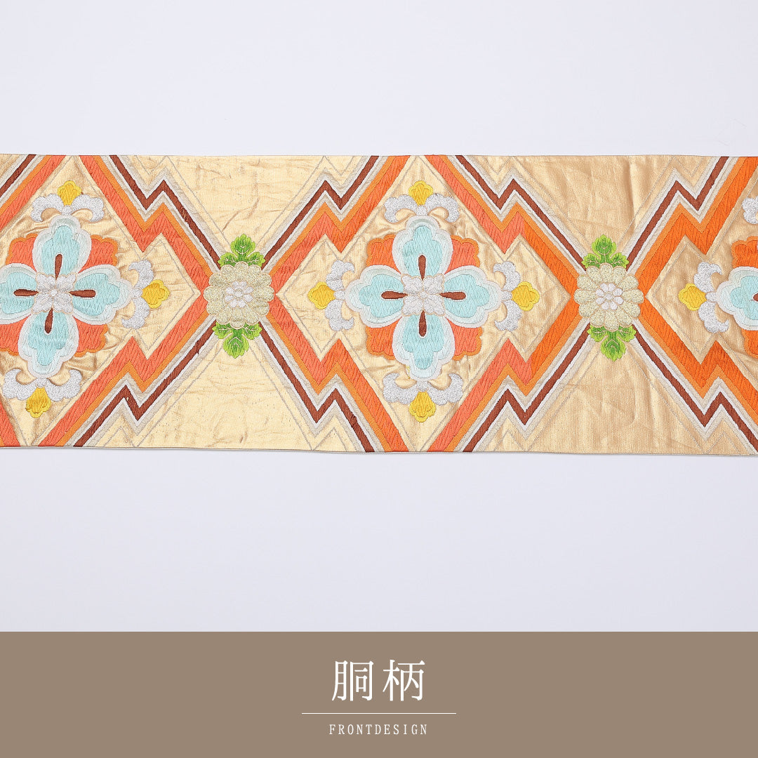 袋帯 帯丈424cm 六通 松皮菱 フォーマル 金系 正絹 Bランク 1223-00972