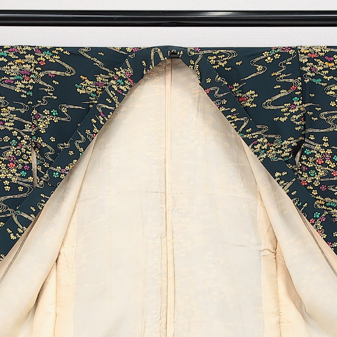 小紋 袷 身丈150cm 裄丈60cm 正絹 Aランク インフォーマル バチ衿 Sサイズ 流水 花柄 紺系 HP 1221-14554