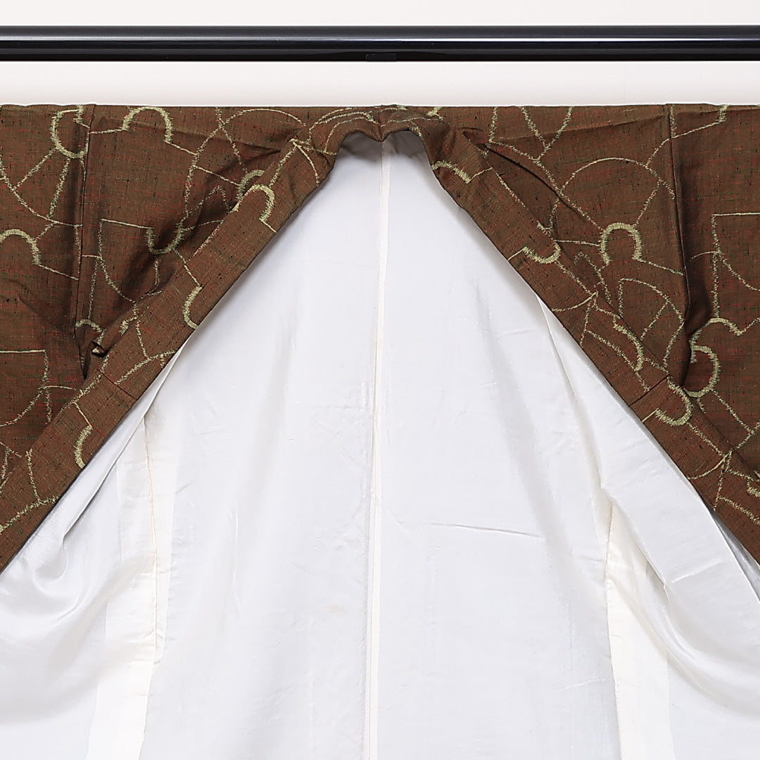 紬 袷 身丈159cm 裄63cm 正絹 幾何学 緑系 Sランク 1216-01372