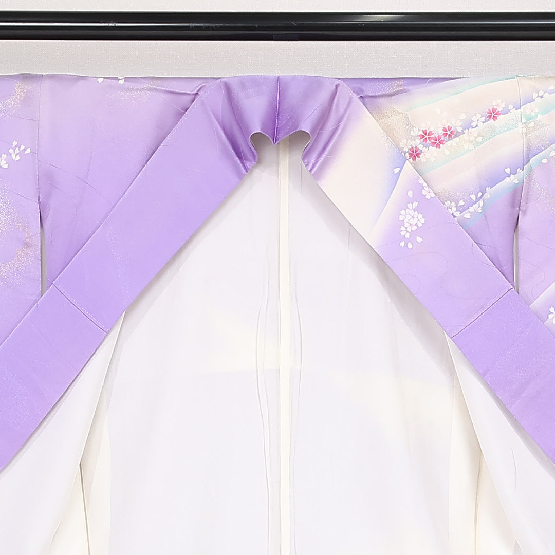 振袖 身丈161cm 裄丈65cm Bランク 正絹 袷 広衿 L しつけ糸 流水 吉祥文様 桜 フォーマル 紫系 1213-F0527