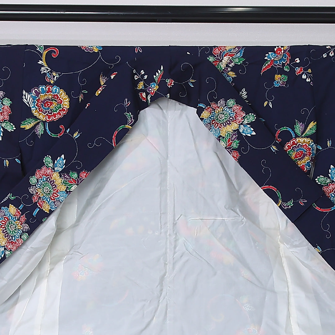 小紋 身丈162cm 裄丈65cm Sランク L 正絹 袷 広衿 菊 牡丹 カジュアル 紺系 1215-12374