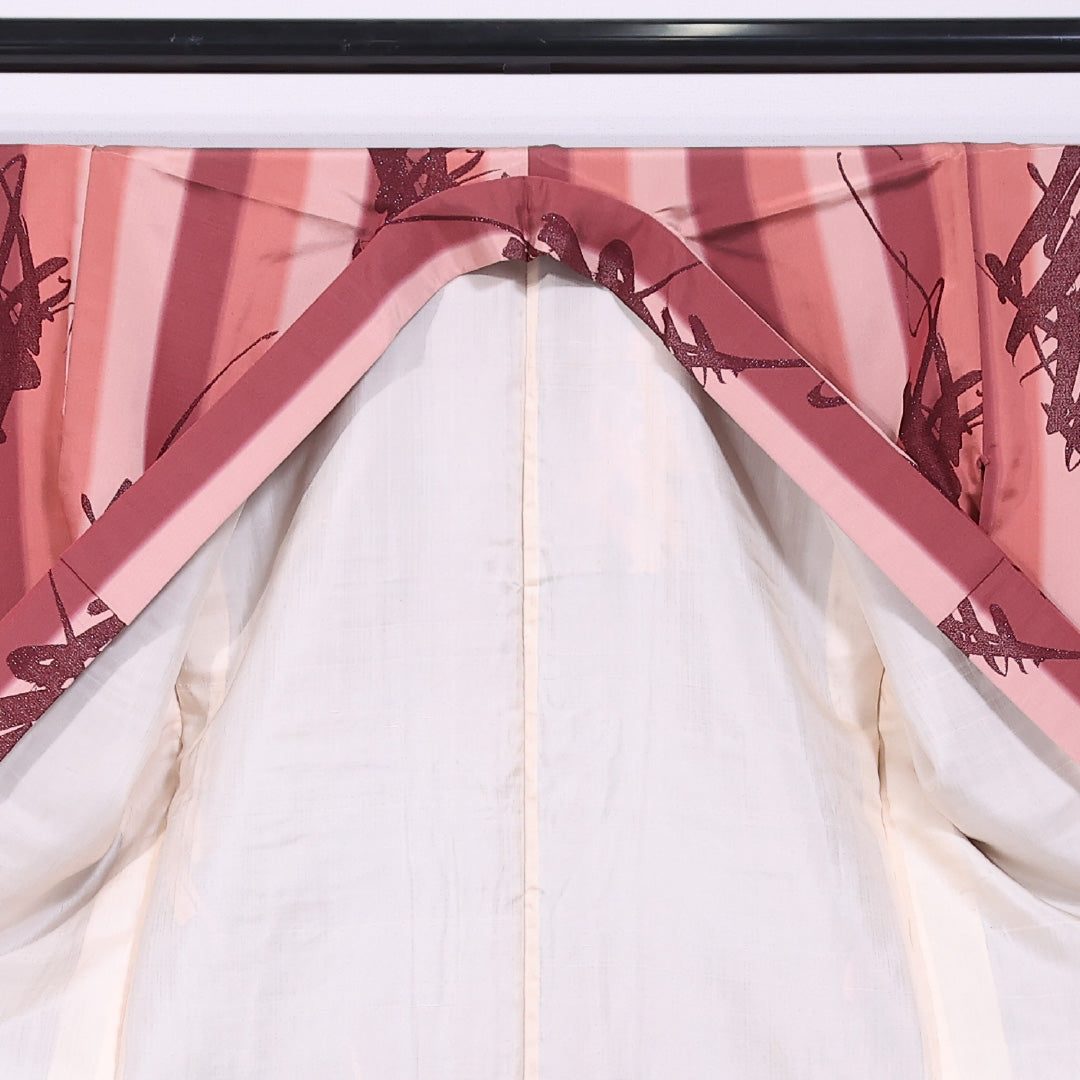 小紋 袷 身丈152cm 裄丈62cm 正絹 Aランク インフォーマル バチ衿 Sサイズ 縞 ピンク系 HP 1221-11799