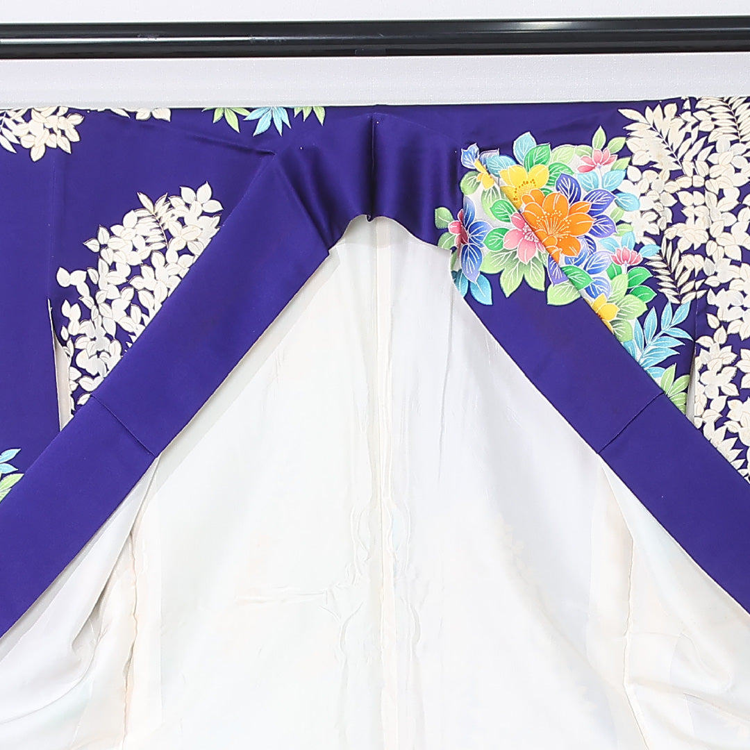 振袖 身丈166cm 裄丈67.5cm Cランク 袷 正絹 XS 広衿 モダン 花柄 ボタニカル 青系 1213-F0447