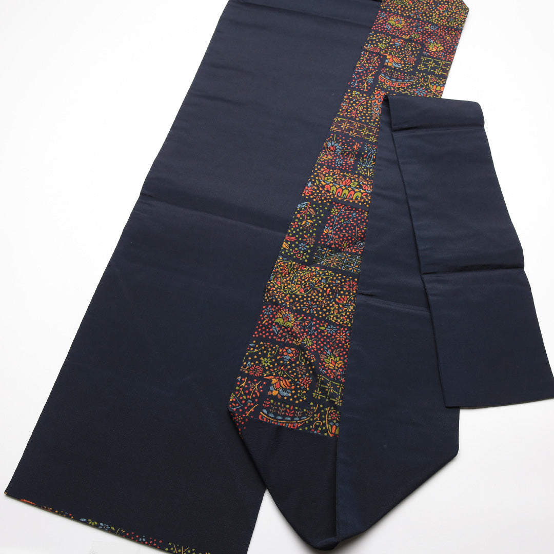 未使用品 九寸名古屋帯 Nランク 帯丈371cm 正絹 六通 名古屋仕立て 染め インフォーマル 塩瀬 創作柄 紺系 RP 1245-01772