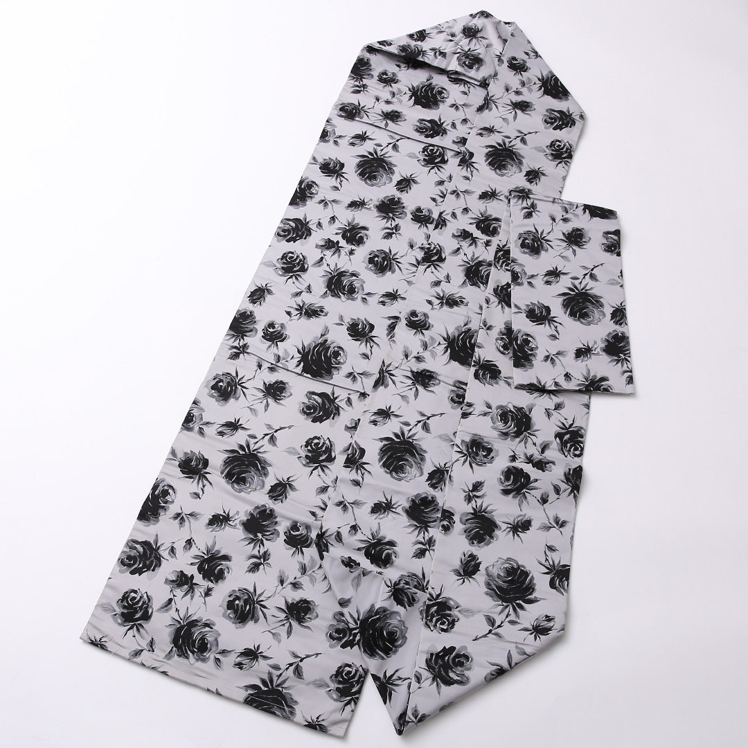 九寸 名古屋帯 帯丈333cm 名古屋仕立て 全通 Cランク カジュアル 正絹 薔薇 写実的 モダン グレー系 1224-02778