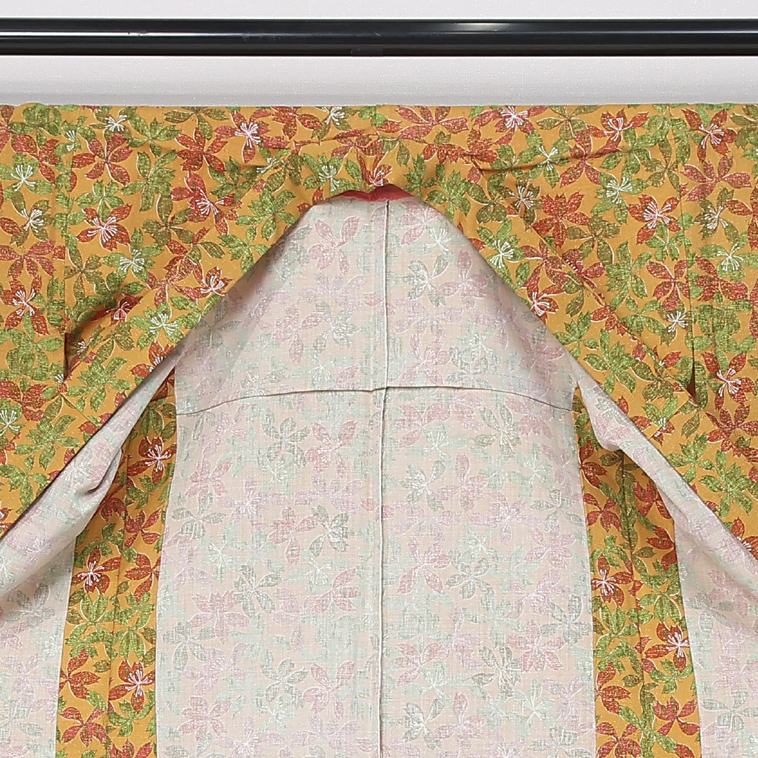 紬 単衣 身丈155cm 裄丈62cm 正絹 Bランク カジュアル バチ衿 Mサイズ 染め紬 肩当て 花柄 黄系 RP 1223-12031