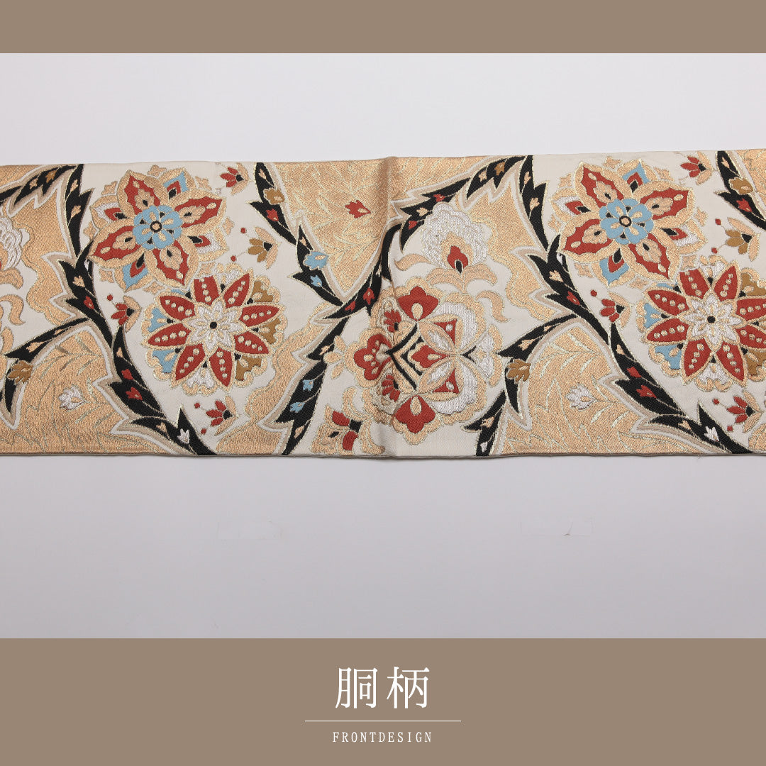 レトロ 袋帯 帯丈412cm 六通 宝相華 フォーマル クリーム系 正絹 Aランク 1223-01355