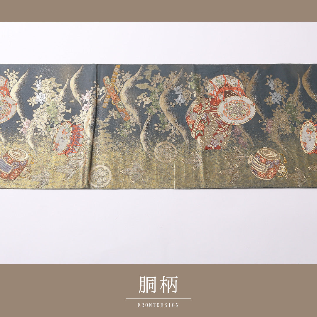 袋帯 帯丈428cm 六通 フォーマル Sランク 正絹 楽器 古典的 重厚感 緑系 1223-01494