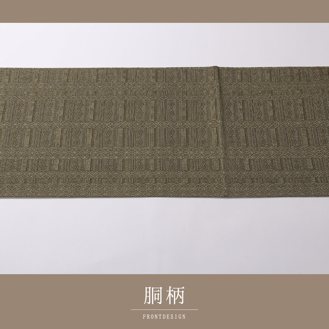 未使用品 袋帯 帯丈444cm 正絹 全通 インフォーマル 間道 茶系 緑系 1243-01597
