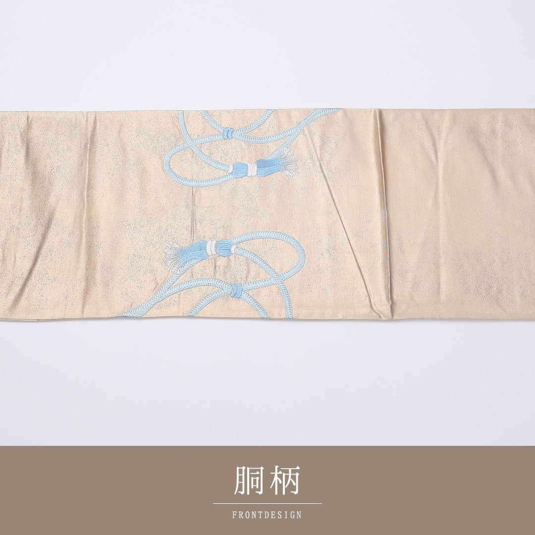 袋帯 帯丈412cm ポイント柄 引箔 雪輪 組紐 セミフォーマル クリーム系 正絹 Aランク 1223-00969