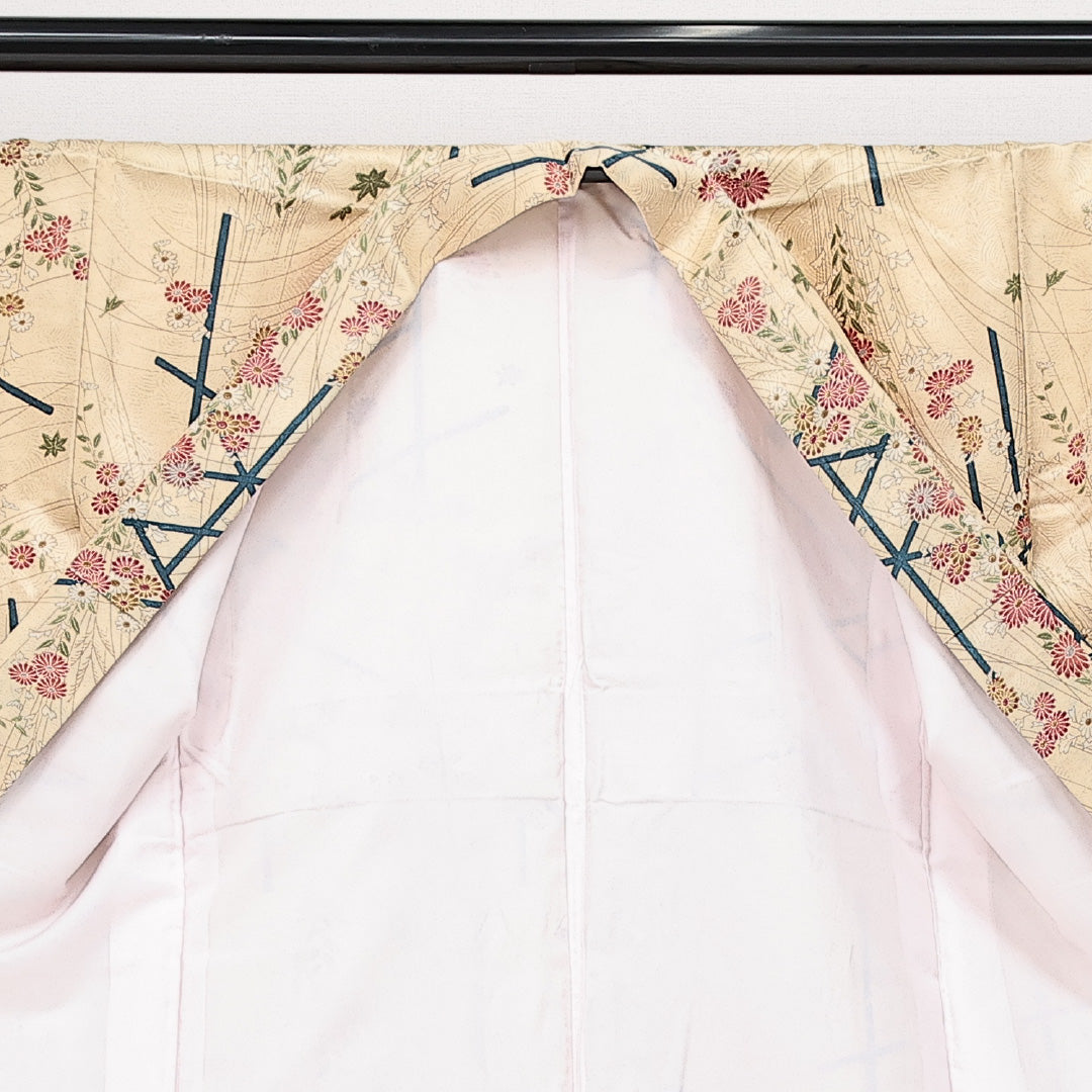 小紋 洗える着物 袷 身丈151cm 裄丈62cm ポリエステル Bランク Sサイズ バチ衿 インフォーマル 菊 ベージュ系 1215-14600
