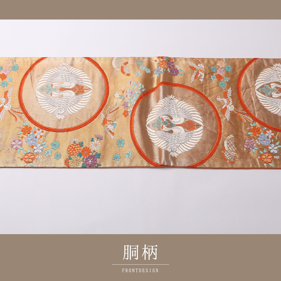 袋帯 帯丈432cm 正絹 六通 フォーマル 鳳凰 丸文 朱系 1243-01578