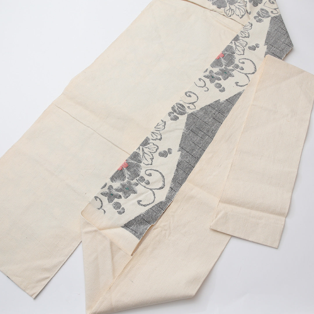 名古屋帯 紬地 六通 帯丈361cm カジュアル Cランク 正絹 唐華 クリーム系 1224-02046
