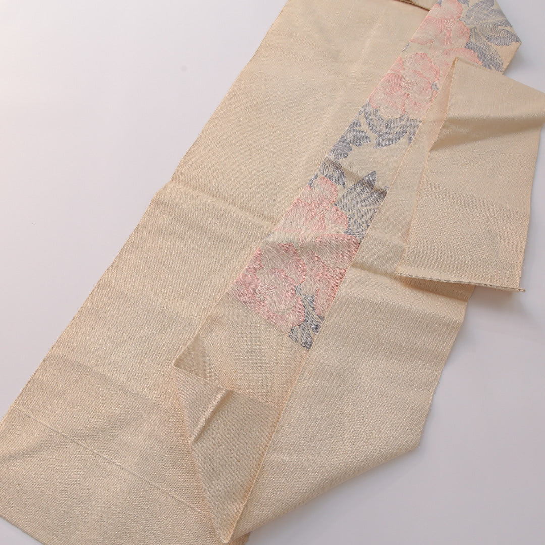 八寸名古屋帯 （夏帯） Cランク 帯丈336cm 麻 洗える帯 六通 名古屋仕立て 織り カジュアル 牡丹 クリーム系 M4 1245-03317