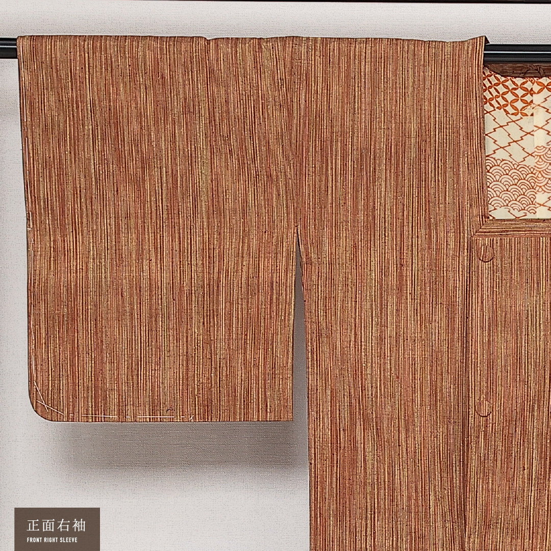 未使用品 道行コート 袷 身丈129cm 裄丈66cm 正絹 Nランク セミフォーマル Mサイズ 紐あり ポケットあり しつけ糸 茶系 RP 1237-13844