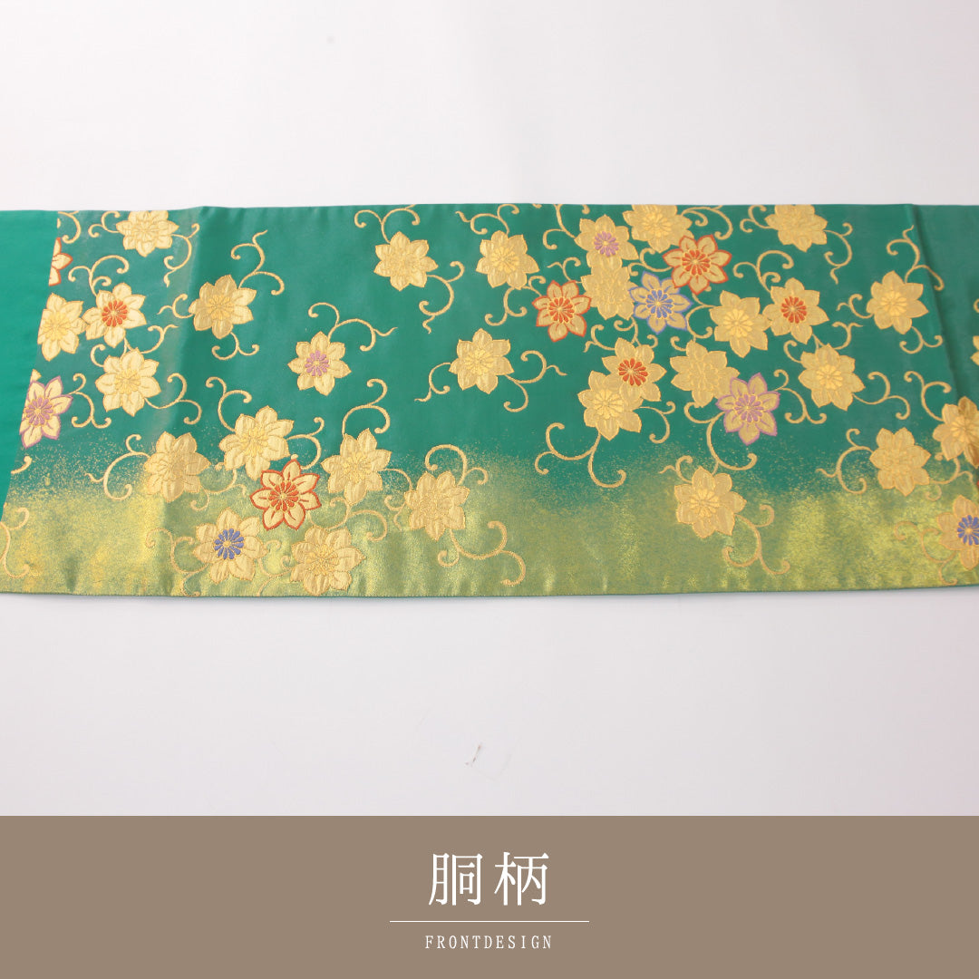 未使用品 袋帯 帯丈440cm 正絹 六通 セミフォーマル 唐草華文 緑系 金系 1243-02309