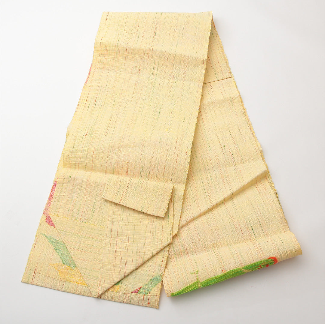八寸名古屋帯 Sランク 帯丈361cm 正絹 ポイント柄 松葉仕立て 織り カジュアル 紬 百合 黄系 RP 1245-02163