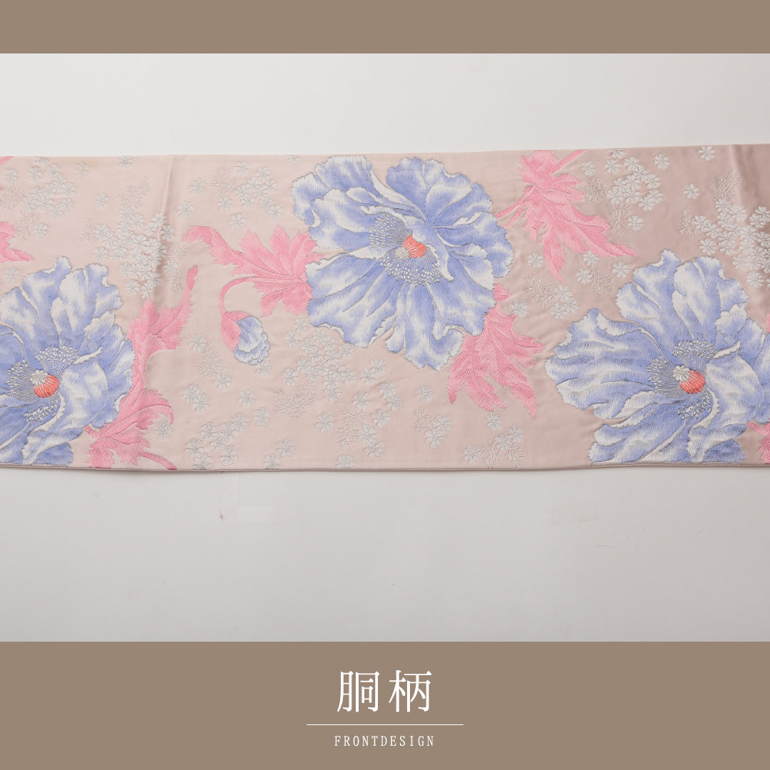 袋帯 六通 帯丈420cm フォーマル Sランク 正絹 唐織 牡丹 ピンク系 1223-01475