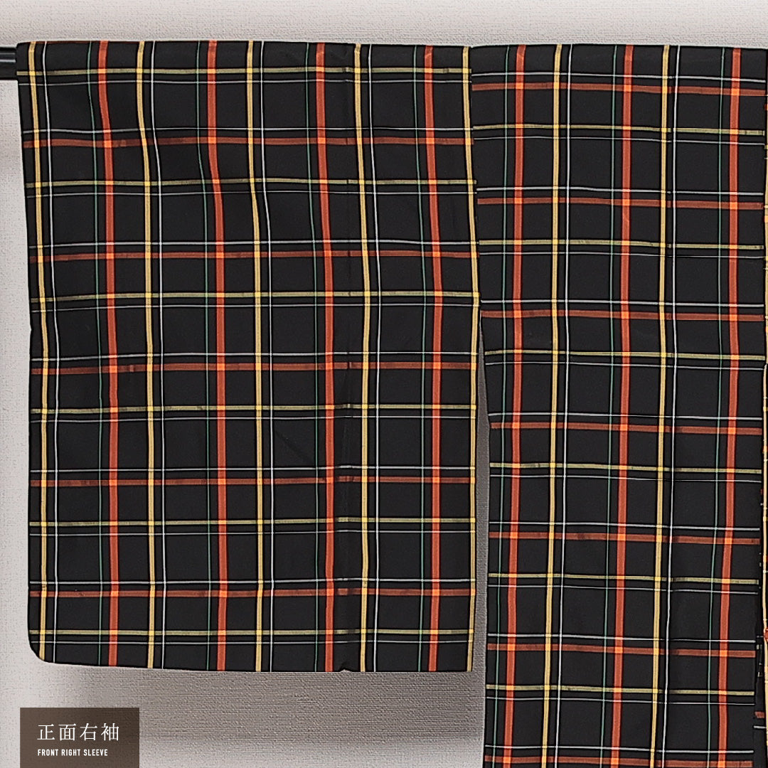 道行コート (大島紬) 袷 身丈87cm 裄丈66cm 正絹 Aランク インフォーマル Mサイズ 緯総絣 ポケットあり 格子 紺系 RP 1237-13800