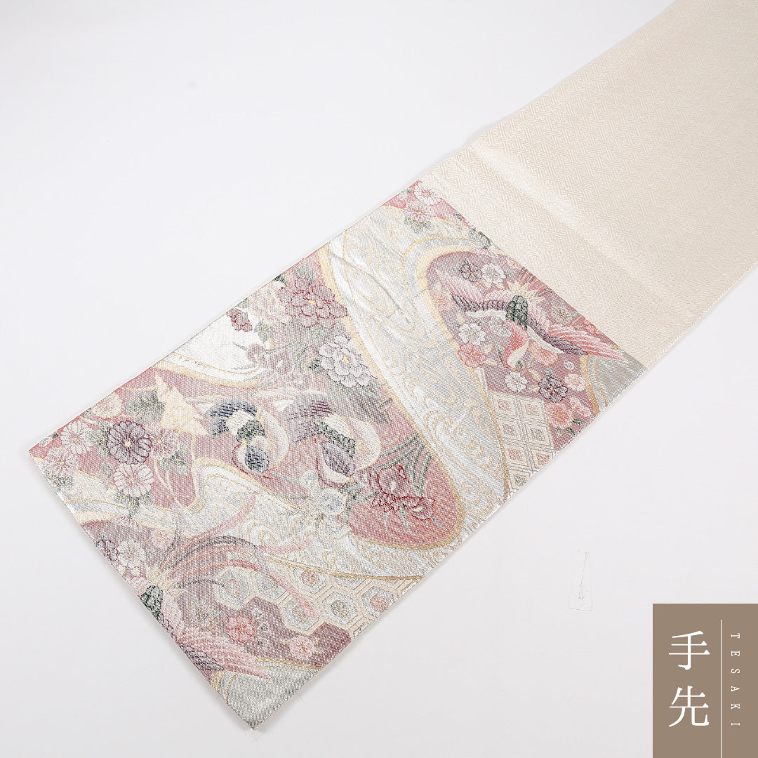 鳥 袋帯 帯丈436cm 正絹 六通 フォーマル 牡丹・菊 牡丹 クリーム系 ピンク系 1243-02572