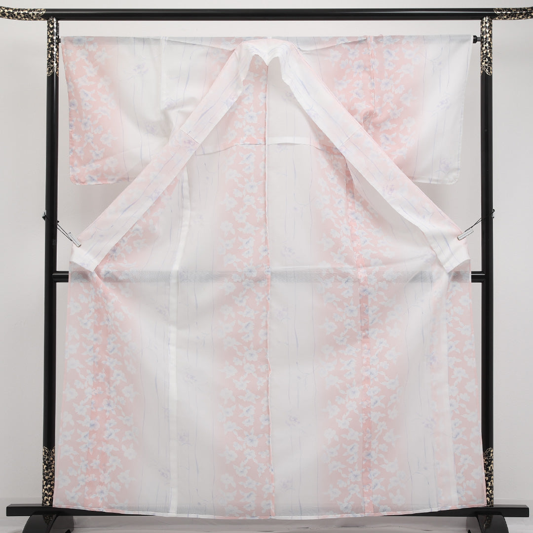 夏物 小紋 絽 身丈163cm 裄丈66cm 正絹 Cランク インフォーマル 広衿 Lサイズ 牡丹 白系 RP 1221-17314