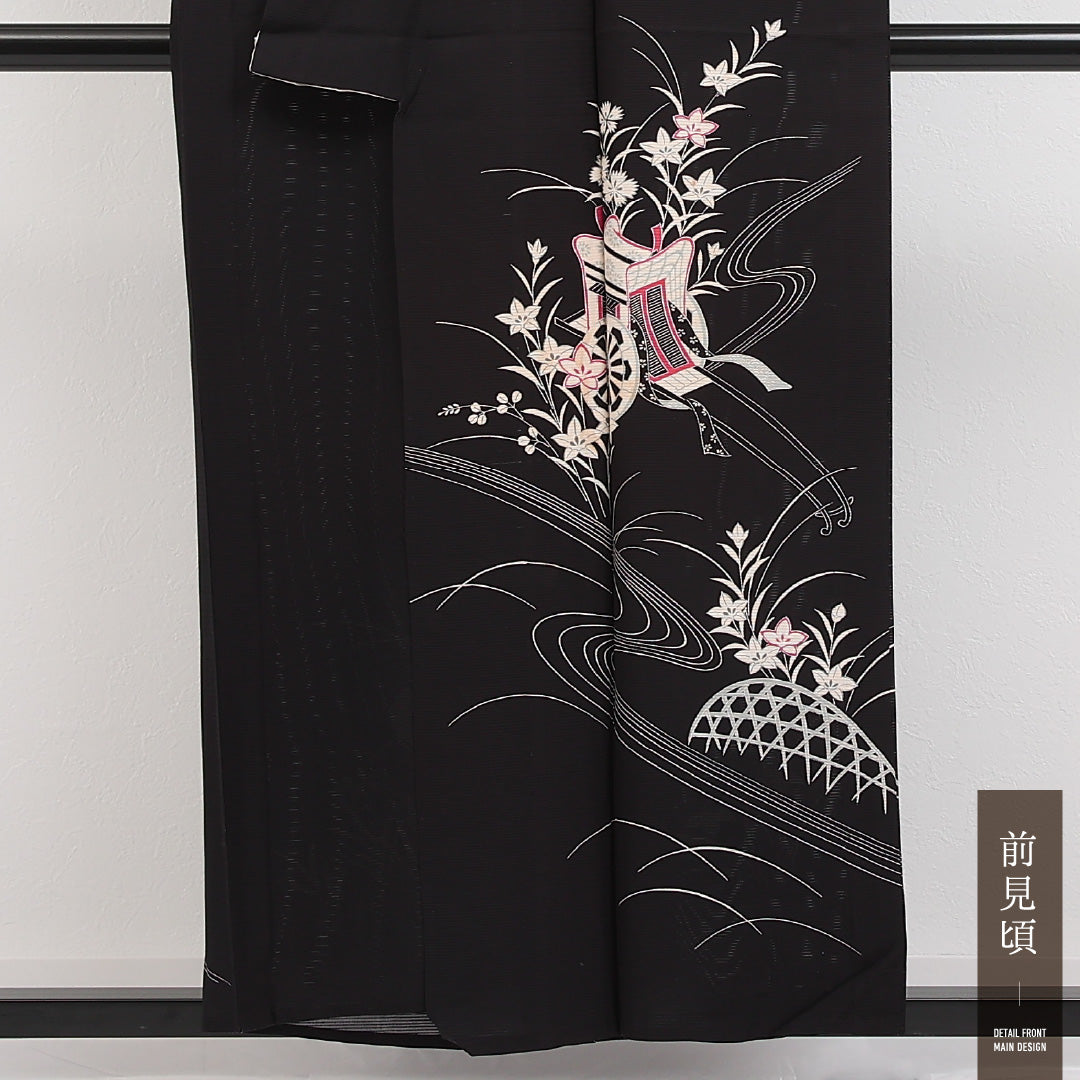 夏物 訪問着 絽 身丈152cm 裄丈66cm 正絹 Cランク セミフォーマル 広衿 Mサイズ 御所車 黒系 RP 1217-17309