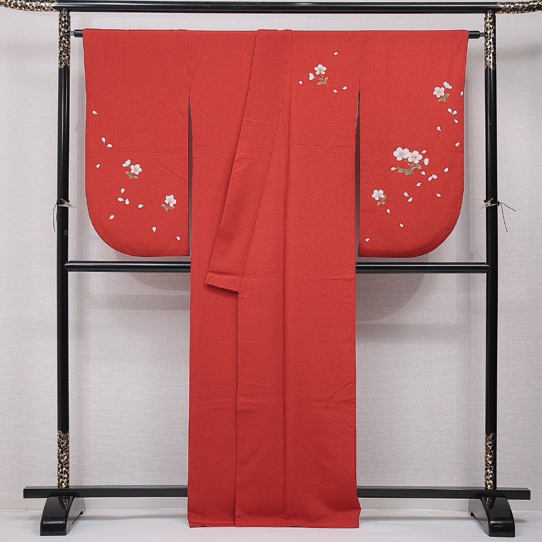 洗える着物 小振袖 袷 身丈165cm 裄丈66cm ポリエステル Sランク セミフォーマル 広衿 XLサイズ 桜 朱系 RP 1216-07068