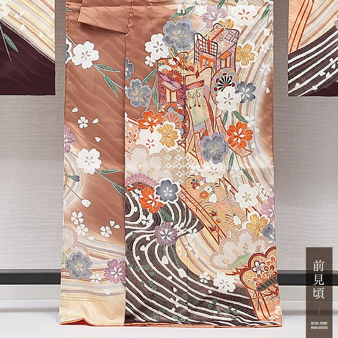 振袖 袷 身丈166cm 裄丈65cm 正絹 Sランク フォーマル 広衿 XLサイズ 御所車 菊 茶系 RP 1215-06979