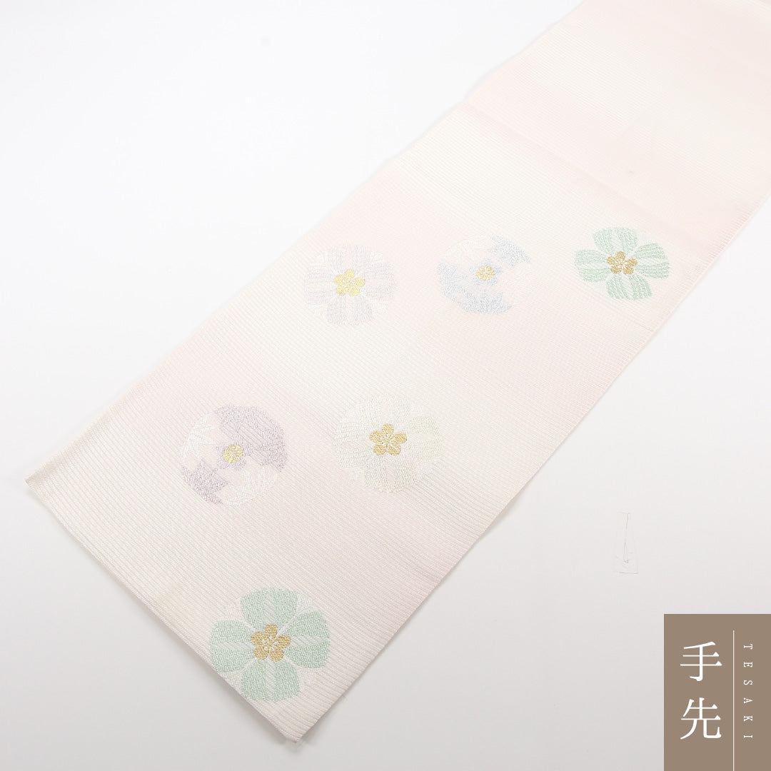 夏物 袋帯 帯丈432cm 正絹 六通 インフォーマル 丸文 クリーム系 ピンク系 1243-02518
