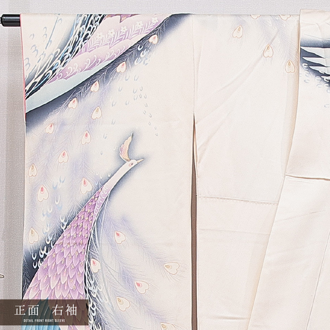 振袖 袷 身丈159cm 裄丈63cm 正絹 Sランク フォーマル 広衿 Mサイズ 孔雀 牡丹 クリーム系 RP 1215-06991
