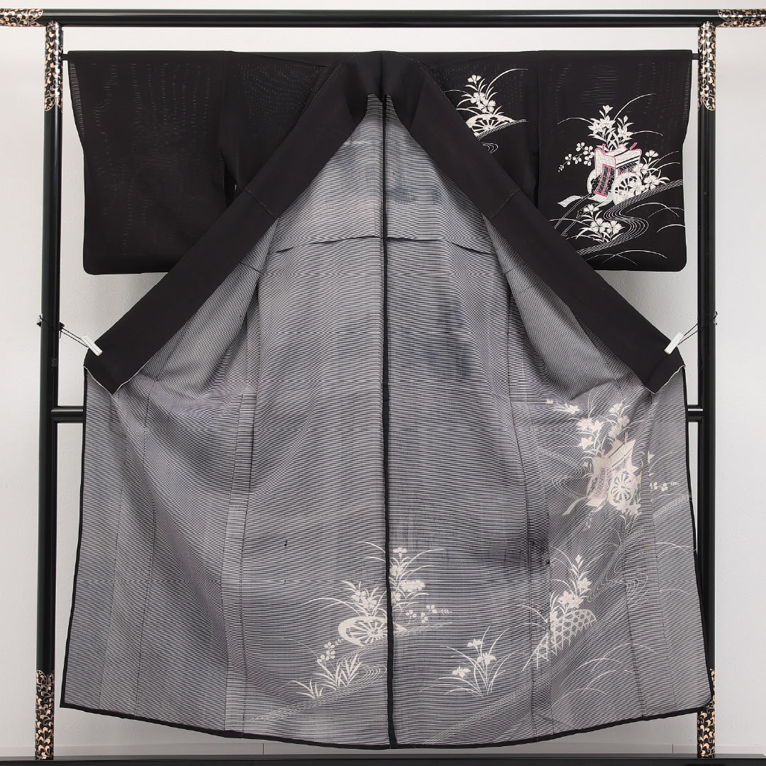 夏物 訪問着 絽 身丈152cm 裄丈66cm 正絹 Cランク セミフォーマル 広衿 Mサイズ 御所車 黒系 RP 1217-17309