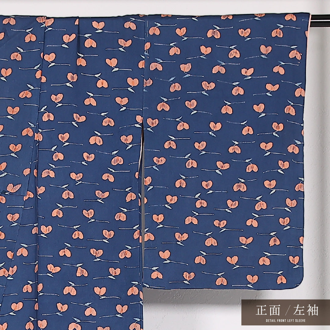 アンティーク 小紋 袷 身丈158cm 裄丈63cm 正絹 Aランク 広衿 Mサイズ 花柄 紺系 RP 1221-17534