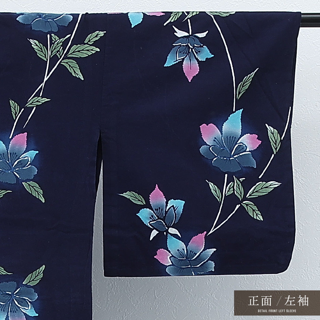 夏物 洗える着物 木綿の浴衣 身丈157cm 裄丈66cm 木綿 Sランク カジュアル バチ衿 Mサイズ 花柄 紺系 RP 1225-17254