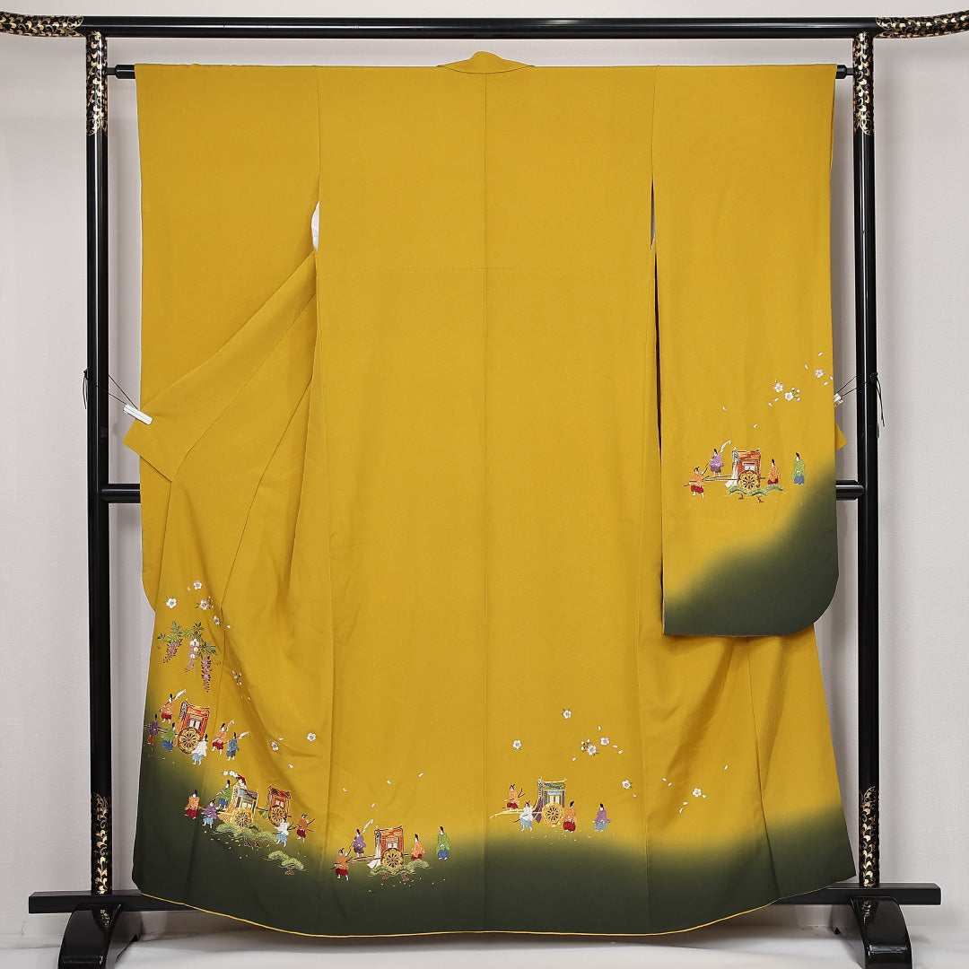 振袖 袷 身丈160cm 裄丈64cm 正絹 Sランク フォーマル 広衿 Lサイズ 蘇州刺繍 御所車 黄系 RP 1215-06786