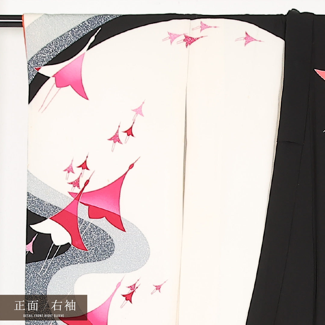洗える着物 振袖 袷 身丈152cm 裄丈60cm ポリエステル Cランク フォーマル バチ衿 Lサイズ 鶴 琳派 白系 RP 1215-17444