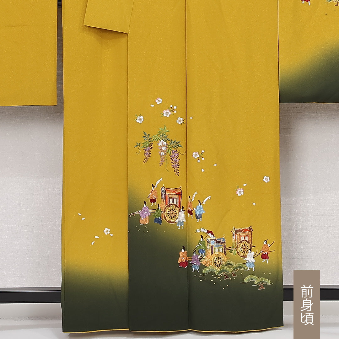 振袖 袷 身丈160cm 裄丈64cm 正絹 Sランク フォーマル 広衿 Lサイズ 蘇州刺繍 御所車 黄系 RP 1215-06786