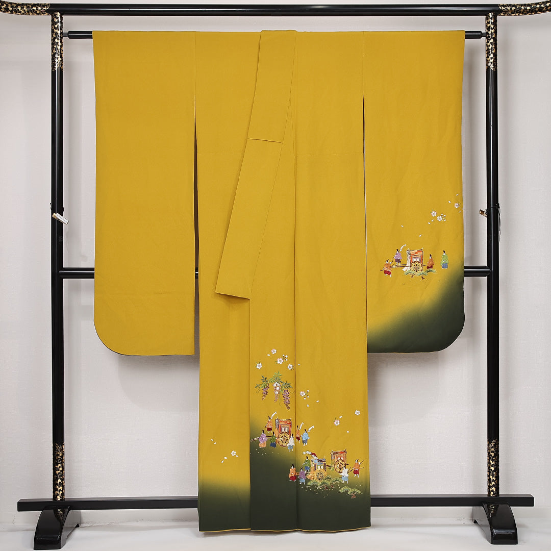 振袖 袷 身丈160cm 裄丈64cm 正絹 Sランク フォーマル 広衿 Lサイズ 蘇州刺繍 御所車 黄系 RP 1215-06786