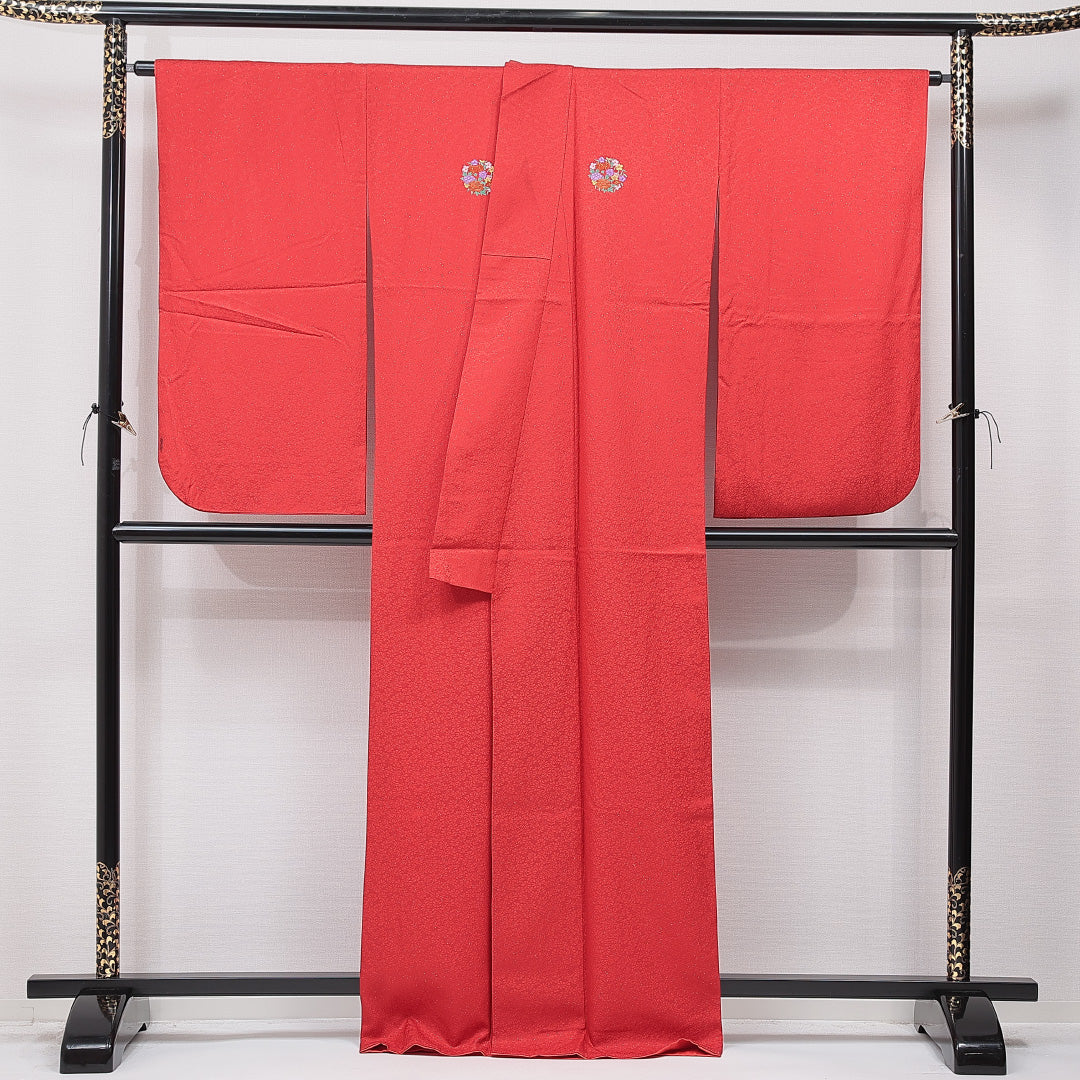 洗える着物 小振袖 袷 身丈165cm 裄丈67cm ポリエステル Bランク セミフォーマル 広衿 XLサイズ 刺繍 牡丹 菊 赤系 RP 1216-07059