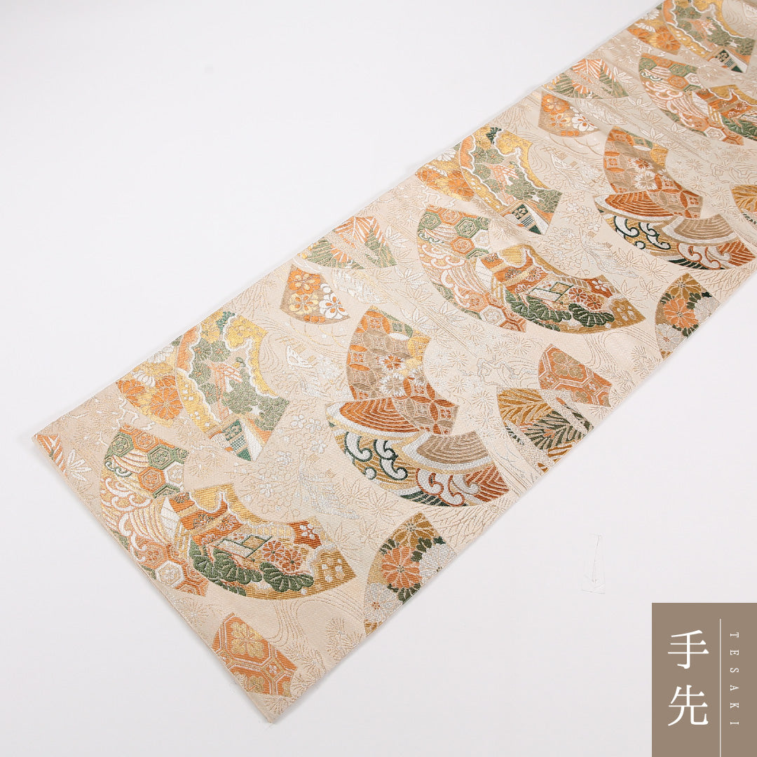 アンティーク 丸帯 帯丈392cm 正絹 全通 扇面文 クリーム系 1242-02562