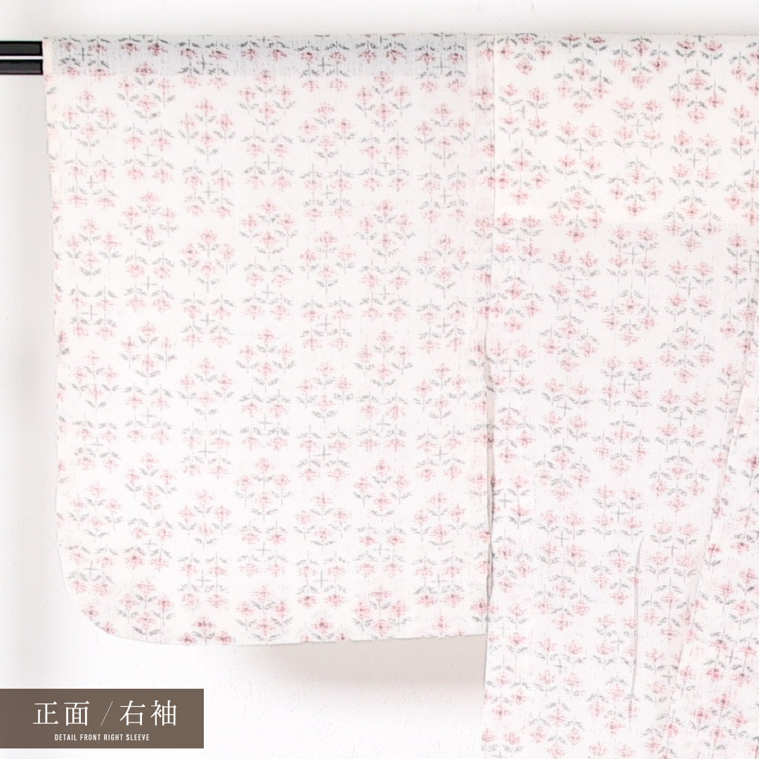 夏物 洗える着物 麻の紬 身丈151cm 裄丈63cm 麻 Cランク カジュアル バチ衿 XSサイズ 花柄 白系 RP 1223-17382
