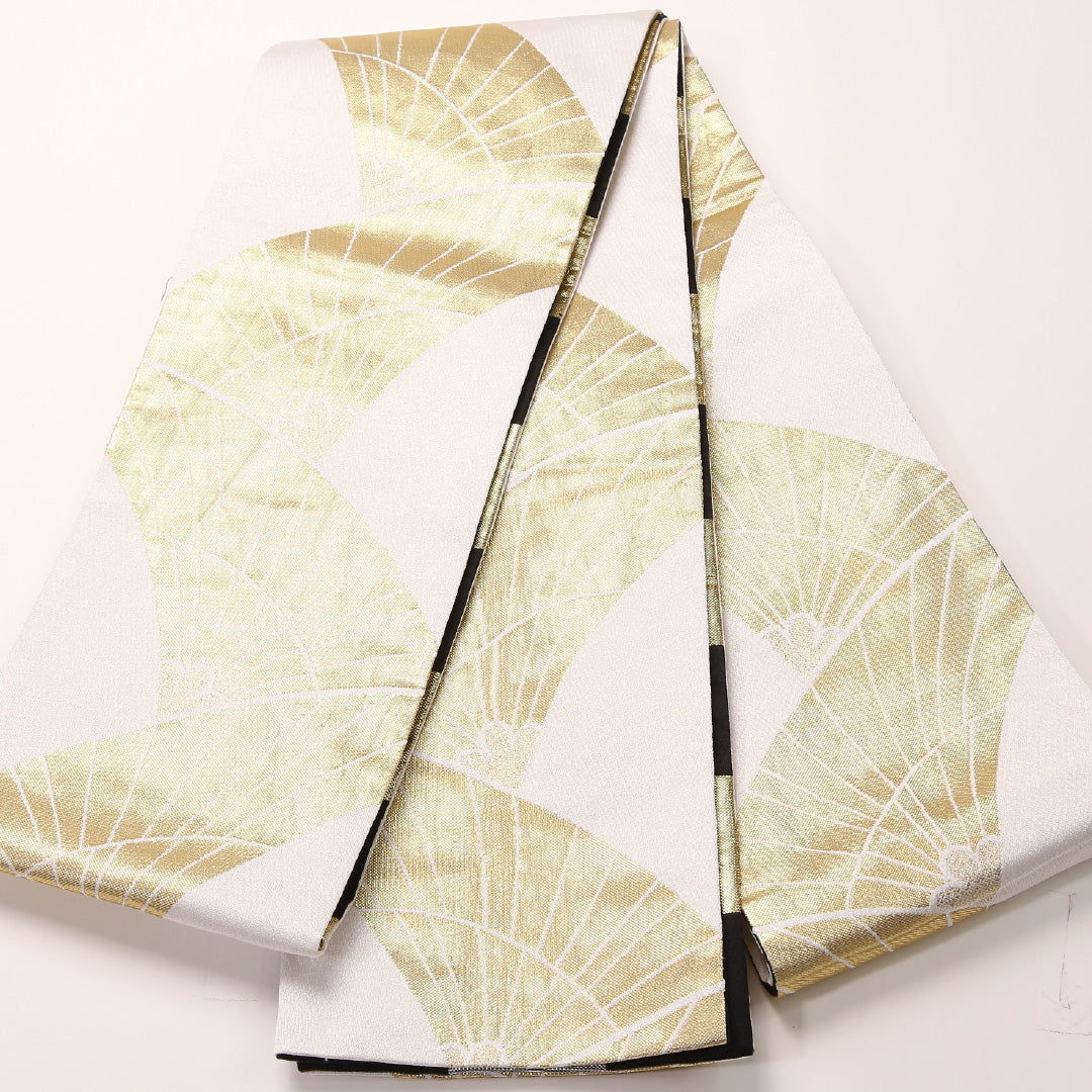 踊り用 半幅帯 帯丈344cm ポリエステル 全通 小袋帯 リバーシブル 扇 市松 金系 1247-00672